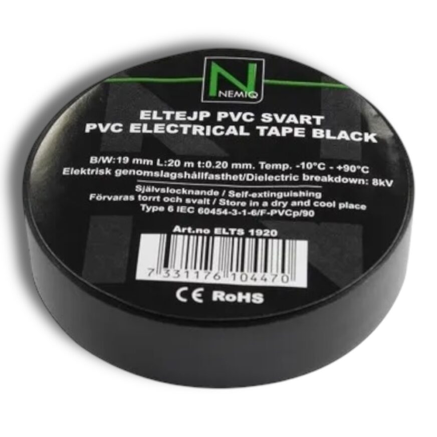 Eltejp svart 19mm x 20m