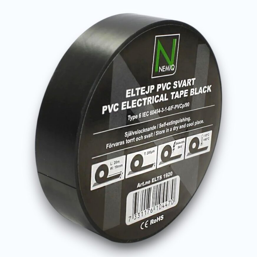 Eltejp svart 19mm x 20m