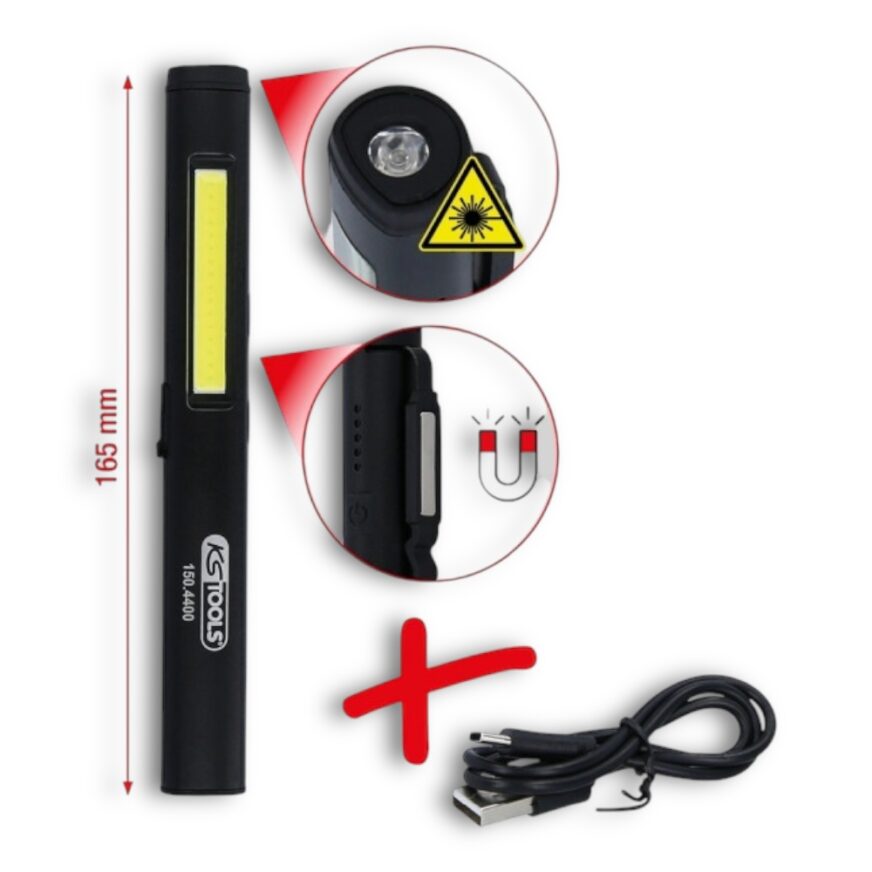 Ks Tools LED COB Stripe Inspektionslampa 350 Lumen Med UV-spot-LED och Laserpekare